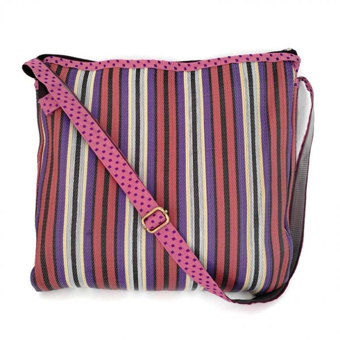 Plum and purple bag with long handle.