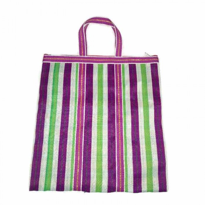 Simple Zip tote in White squares and green and fucsia stripes